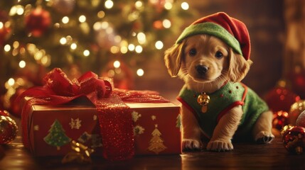 Puppy Dressed as an Elf Next to Christmas Present