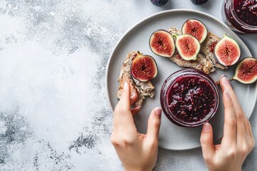 A person holding a piece of bread with figs, useful for food or nature photography