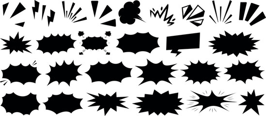 comic burst explosion vector, comic boom elements, and speech bubbles in black silhouettes. ideal fo