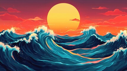 Wall Mural - 2D cartoon illustration depicting sea waves and the sun utilizing a noise pattern and pointillism style creating a vibrant visual experience