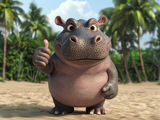 A cheerful cartoon hippo giving a thumbs up on a sunny beach surrounded by palm trees, perfect for playful imagery.