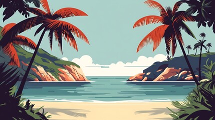 Tropical beach in flat style, large palm trees, calm ocean water reflecting the blue sky, soft yellow sand, simple geometric shapes, smooth gradients, peaceful and relaxing atmosphere, hd quality.