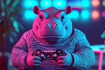 A playful hippo character in a cozy sweater enjoys gaming with a controller, set against vibrant neon lights.