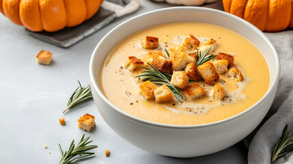 Wall Mural - A delicious bowl of creamy pumpkin soup topped with croutons and fresh rosemary displays beautifully on a light grey background, perfect for a seasonal feast or comforting meal