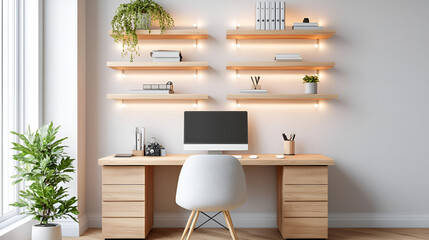 This office corner features a small desk paired with floating shelves and LED lights, enhancing the modern decor with wood tones and white walls, creating a cozy workspace