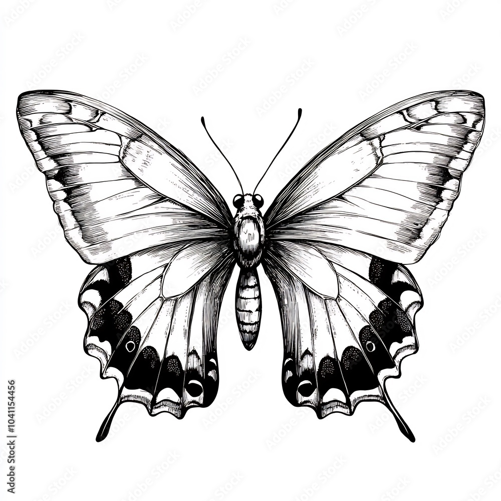Handdrawn black and white illustration of a butterfly with large wings ...
