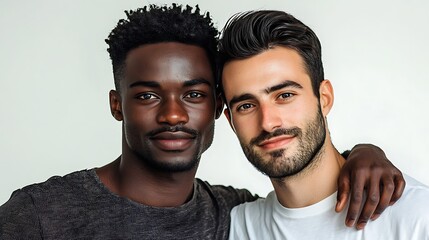 Two men are standing close to each other, one of them wearing a black shirt. They are smiling and looking at the camera