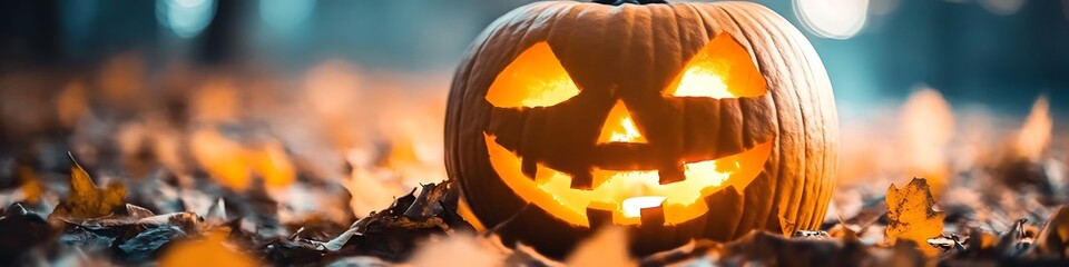 A pumpkin with a smiley face on it is sitting on the ground. The pumpkin is orange and has a light inside of it. Scene is happy and festive, as it is a Halloween decoration