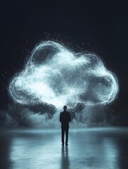Wall Mural - businessperson standing amid data cloud for cloud based decision making concept
