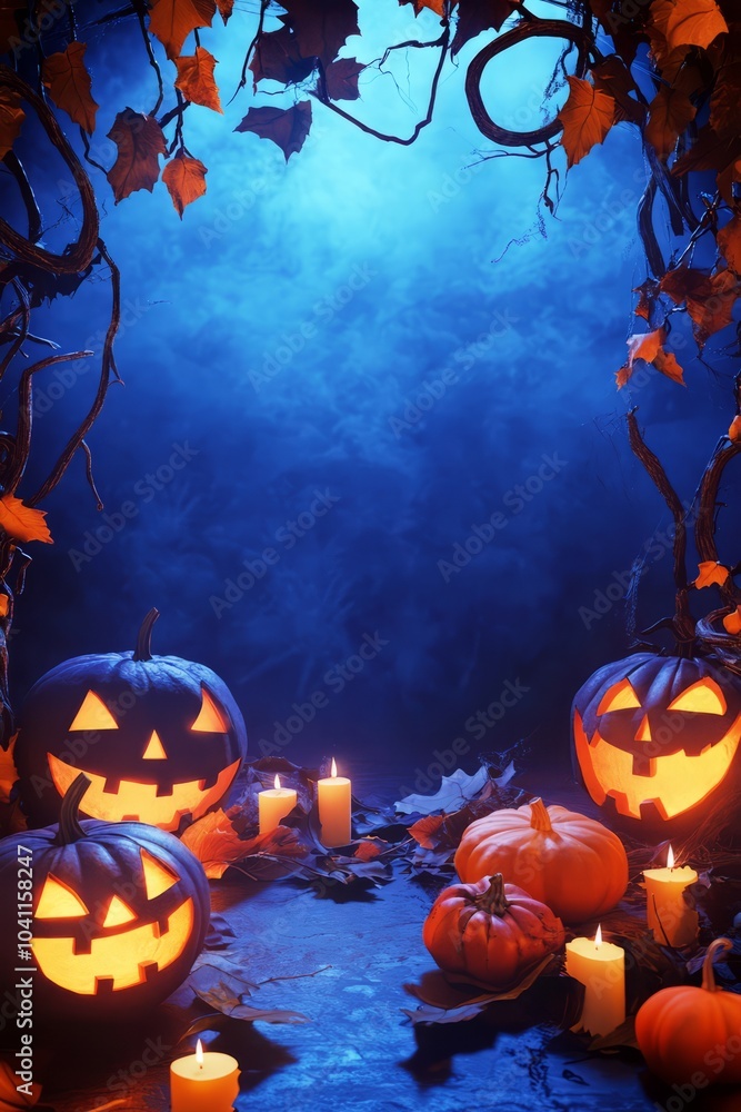 Spooky carved pumpkins on dark blue background with copy space ...