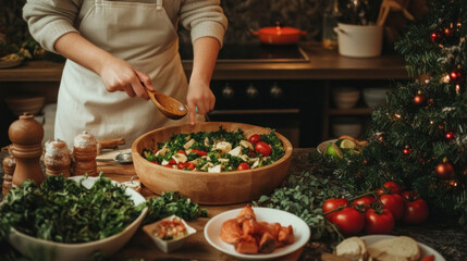 Family cooking together in kitchen, laughing and making mess while preparing Christmas feast, capturing fun and spontaneity. Family and holidays.