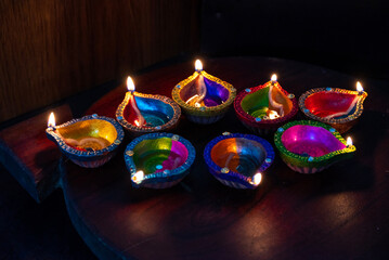 Oil lamps lit on home at night during diwali celebration. Diwali or Dipawali is the biggest and most important festival in India