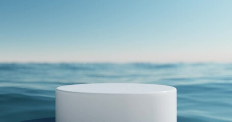 Wall Mural - white podium on wave beach and blue sky abstract background. copy space for product presentation. 3d