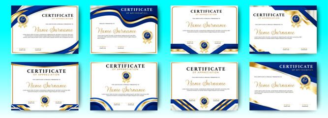 Wall Mural - certificate of appreciation template, gold and blue color. clean modern certificate with gold badge.