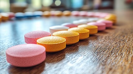 colorful assortment of circular tablets arranged in a row on a wooden table in a natural light setti