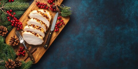 Christmas food banner. Festive Grilled Chicken garnished and presented with Holiday Decorations on a dark blue concrete table desk. Turkey meat dish top view, flat lay, copy space. Poultry dinner menu