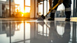 © Chanita - High-resolution close-up of a worker spreading smooth epoxy on a reflective floor