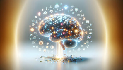 Wall Mural - 3D Floating AI Brain Glowing Neural Networks Growth Icons Concept Holographic Brain Hovers Mid Air Technology Growth Copy Space Icons Isolated White Background