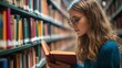 © Copi - Young woman with glasses reading a book in a library.