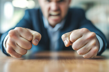 Businessman in a suit with clenched fists on a desk and an angry expression showing frustration and intense focus in an office environment
