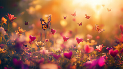 A whimsical garden scene with heart-shaped flowers blooming everywhere, butterflies flying around, vibrant colors, soft sunlight, magical atmosphere