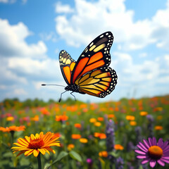 Butterfly flying over vibrant natures colorful patterns