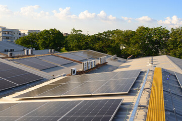 Solar panel on rooftop, alternative electricity energy source for commercial and factory building.