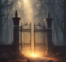 Illustration of dark and spooky cementary gate.