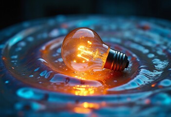 Poster - A single lightbulb, illuminated from within, rests upon a swirling symphony of iridescent liquid, creating a dynamic spectacle of color and form