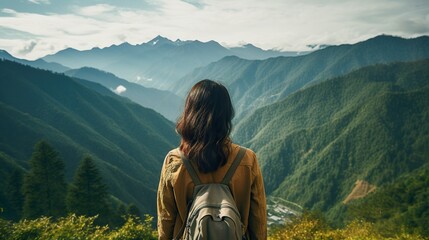 The back of a female relaxing outdoor morning with mountains People freedom concept  inspiration facing the sun