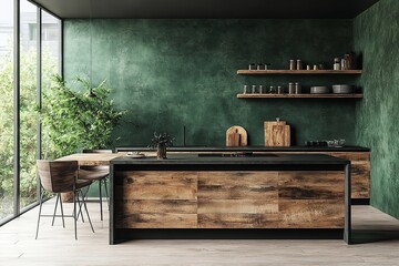 Contemporary minimalist kitchen design featuring dark green cabinetry and wooden accents, complete with an island, dining table, and chairs.