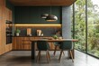 © SC-7 - Contemporary minimalist kitchen design featuring dark green cabinetry and wooden accents, complete with an island, dining table, and chairs.