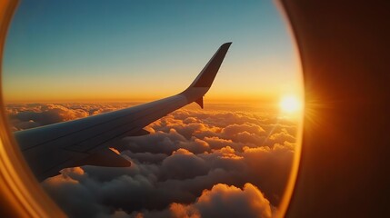 Airplane window, sunset over clouds