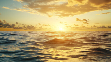 Wall Mural - The vast sea surface reflects the golden sunset sky, a summer vacation concept