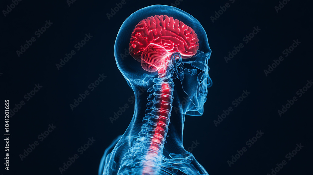 Anatomical illustration of the human brain and spinal cord in a ...