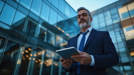 Confident business man in glasses and suit using tablet outdoors with modern office building in background. Concept of professional success, technology, and business lifestyle.