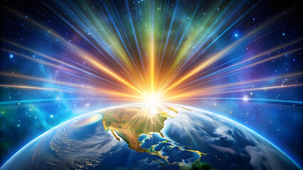 Wall Mural - Earth Formed by Colorful Rays Against Deep Starry Sky. Perfect for: Earth Day, cosmic connection celebrations, spiritual energy gatherings