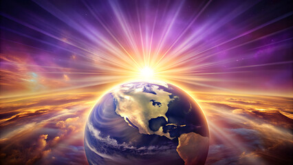 Wall Mural - Earth Radiating Soft Golden Light Under Gradient Purple Sky. Perfect for: Earth Day, future vision events, spiritual awakening celebrations