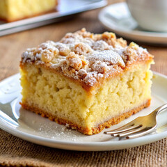 a slice of cake sits on a plate with a fork.