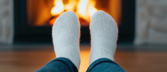 Cozy feet in white socks resting near a warm fireplace, creating a peaceful, inviting atmosphere.