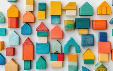 A whimsical arrangement of toy blocks designed as houses, showcasing a colorful, partially built wooden block home on a white backdrop