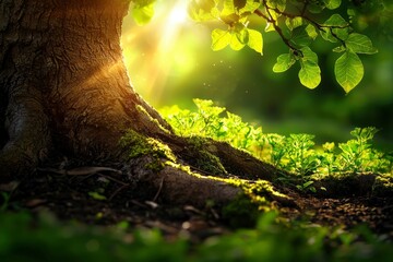 Wall Mural - Sunlight Illuminating a Tree Trunk and Lush Green Foliage