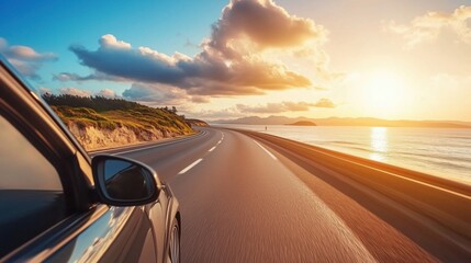 Scenic coastal drive at sunset with ocean view and clouds