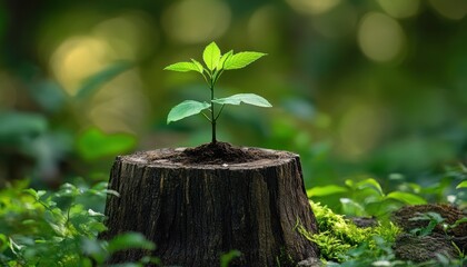 A small plant emerges from a tree stump, symbolizing growth and regeneration amidst a lush green forest backdrop.