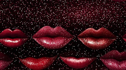 Poster - Digital pattern featuring lips and kisses, glittery highlights on a dark burgundy background, metallic sheen, glamorous appearance, deep shades of red and pink, hd quality, luxurious feel,