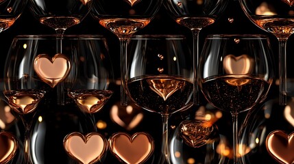 Sticker - Digital pattern featuring wine glasses and heart-shaped bubbles, gold and rose gold accents on a dark background, metallic sheen, luxurious appearance, hd quality, glossy finish, seamless repetition.