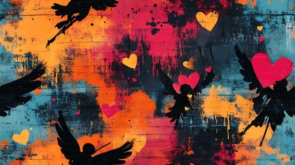 Poster - Graffiti-style Cupid silhouettes with heart-shaped arrows, vibrant colors, urban street background, spray paint textures, layered appearance, bold and expressive, repeating pattern, hd quality,