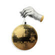 © Alexandra Lipina - Hand holding golden disco ball  with halftone effect. Vector cut out sticker. Trendy modern collage design element on transparent background.