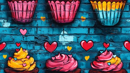 Poster - Graffiti-style pattern of cupcakes with heart-shaped sprinkles, vibrant colors, urban street background, spray paint textures, bold and youthful vibe, layered appearance, hd quality, seamless design.