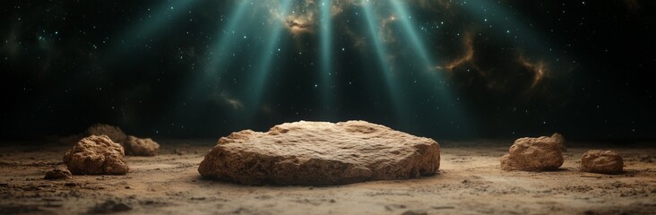 Wall Mural - a rock is on the ground in front of a bright light. there are other rocks in the background